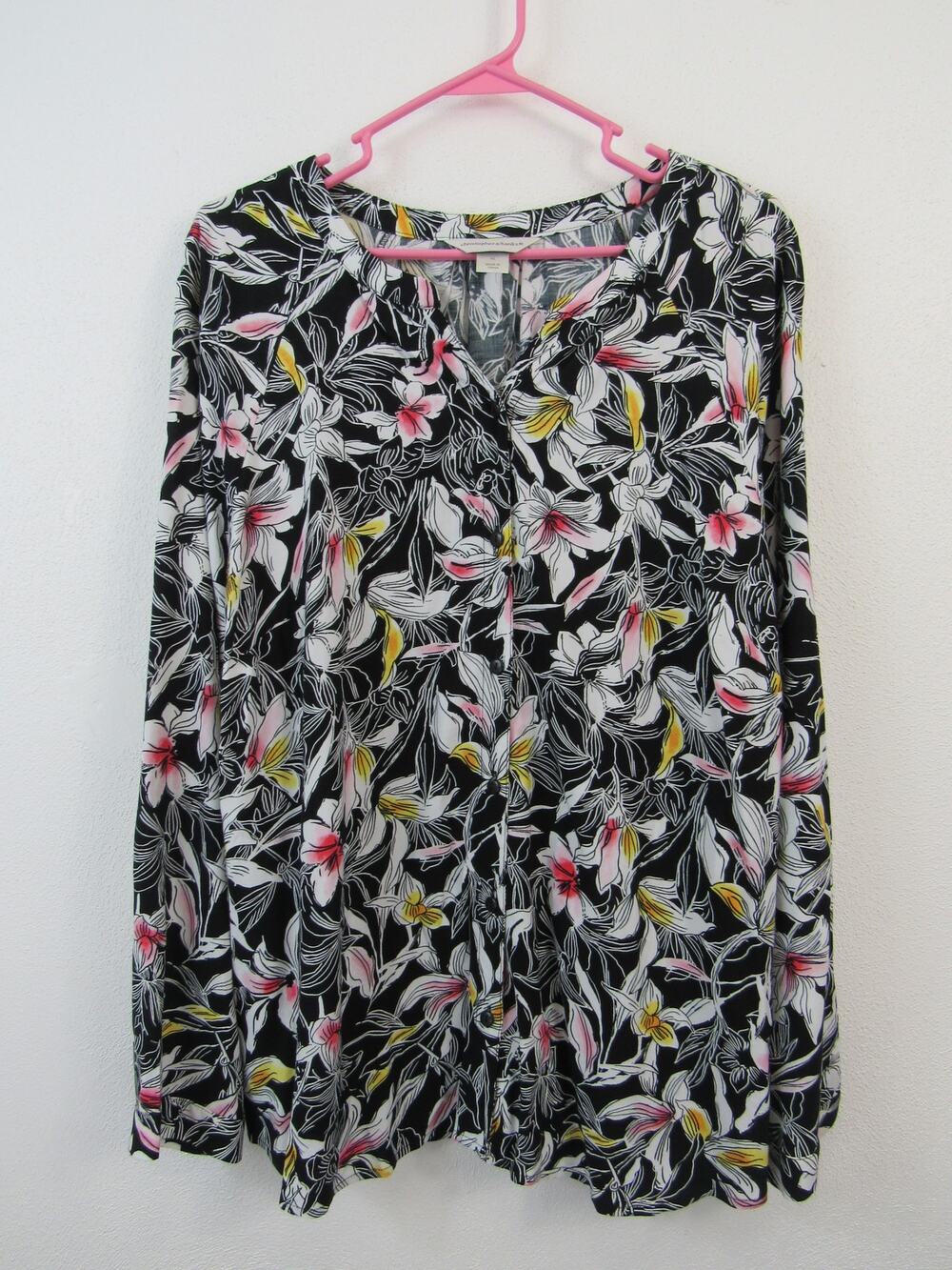 Christopher & Banks XL Women's Raglan Floral Blouse Black White Pink Yellow